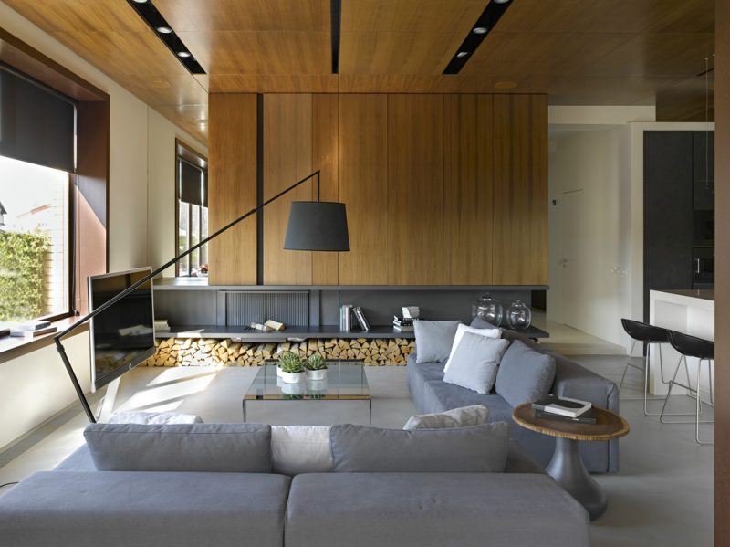 Recessed lights in the wooden ceiling