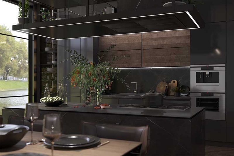 Kitchen design with island and suspended hood