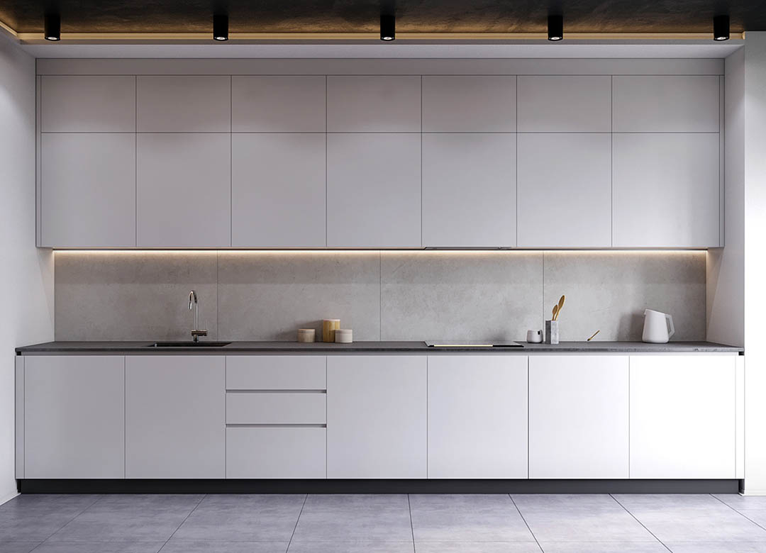 White linear layout kitchen | Elementi Interiors 
