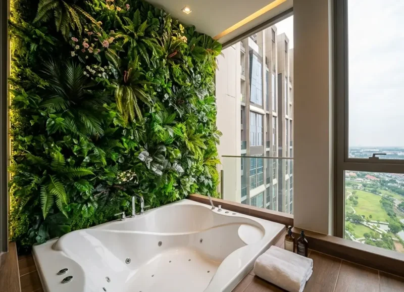 Luxury biophilic bathroom design with vertical green wall and forest view at The Forestias Bang Na by Elementi Interiors.