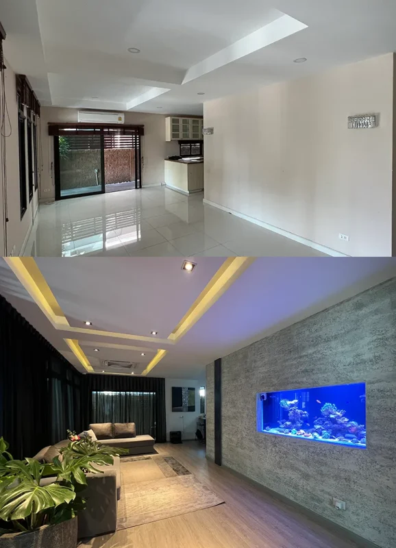 Before and after transformation of a luxury Bangkok condo renovation showcasing an elite contemporary living room layout.