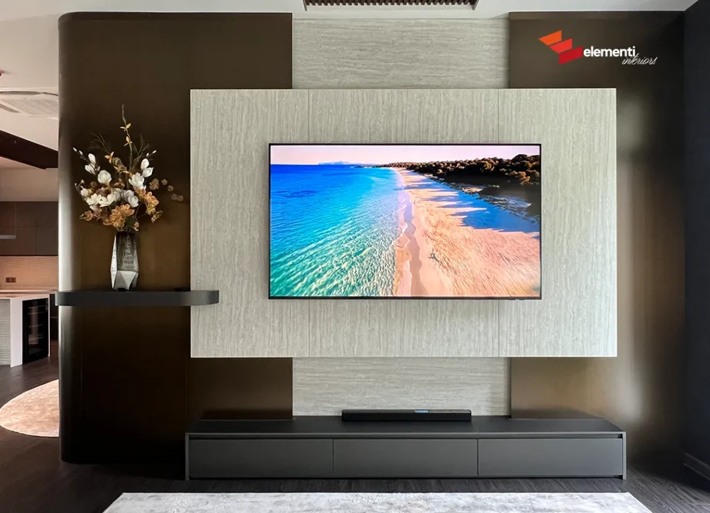 Bespoke luxury TV cabinet in bronze steel and travertine laminate designed for a luxury home at AIRI Bangna Km 5