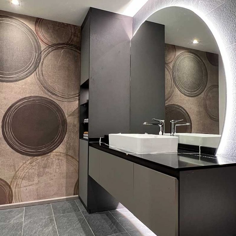 Bathroom suspended cabinet and round mirror