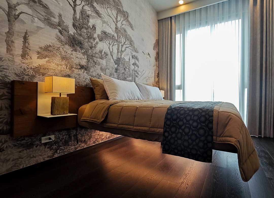 Fluttua Wildwood bed by LAGO - Inkiostro Bianco wallpaper - Elementi Interior Design - Bangkok - The Forestias - Bang Na - Penthouse Condo Gets Mind-Blowing Makeover